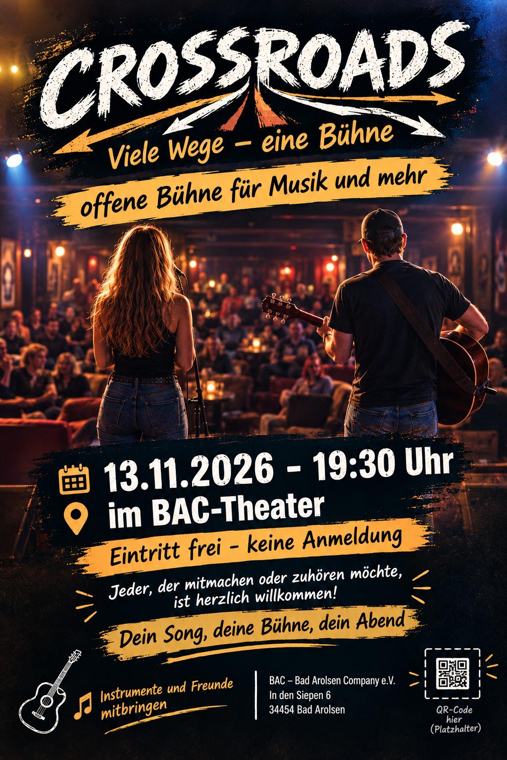 Crossroads – offene Bühne für Musik und mehr: Plakatmotiv mit zwei Musizierenden vor Publikum.