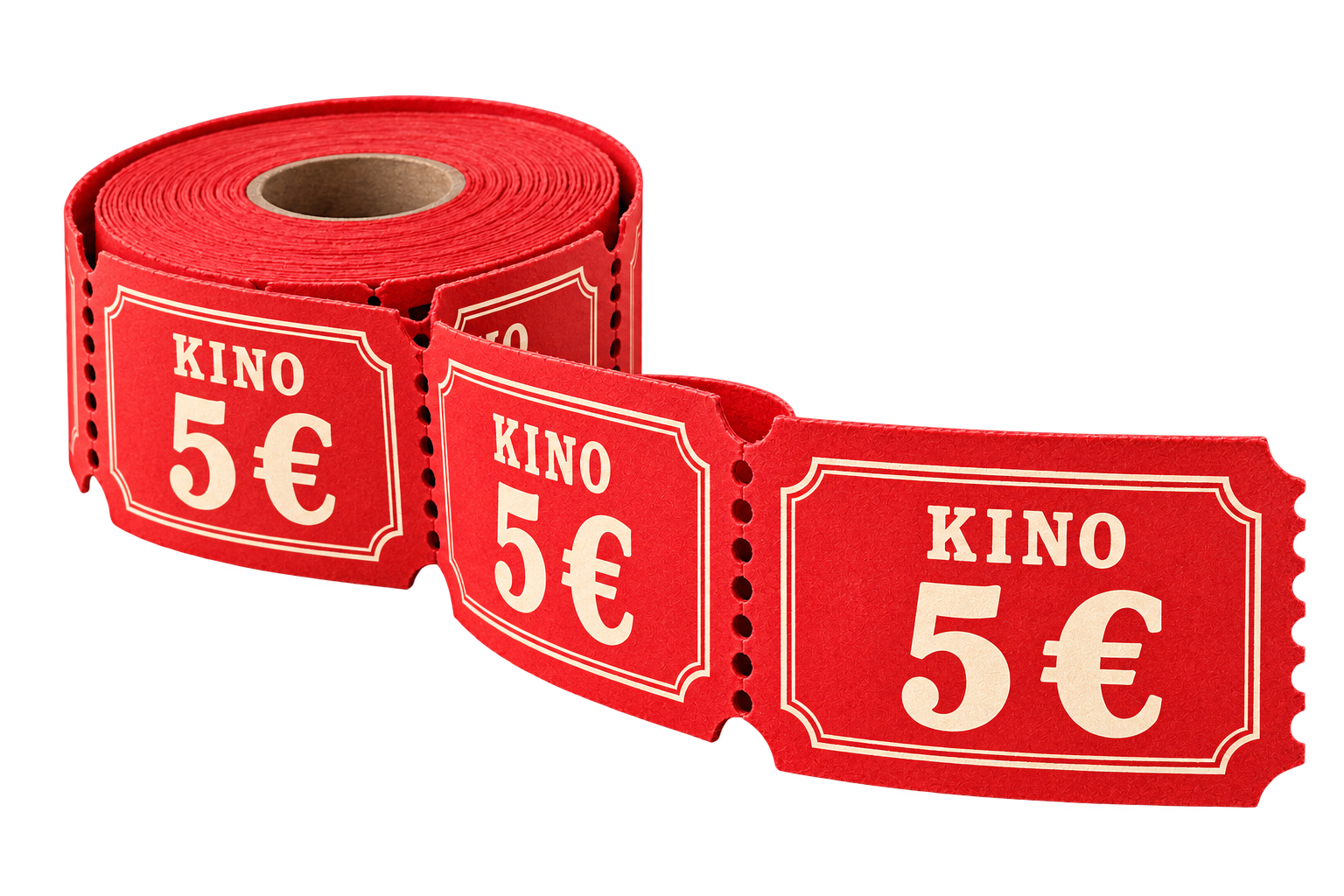 Rote Rolle klassischer Kinokarten: Eintritt fünf Euro.