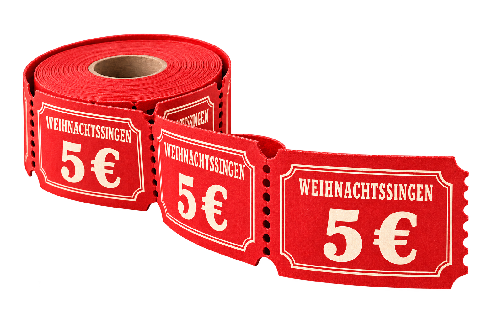 Rote Papier-Abreißrolle mit der Aufschrift Weihnachtssingen und 5 Euro.