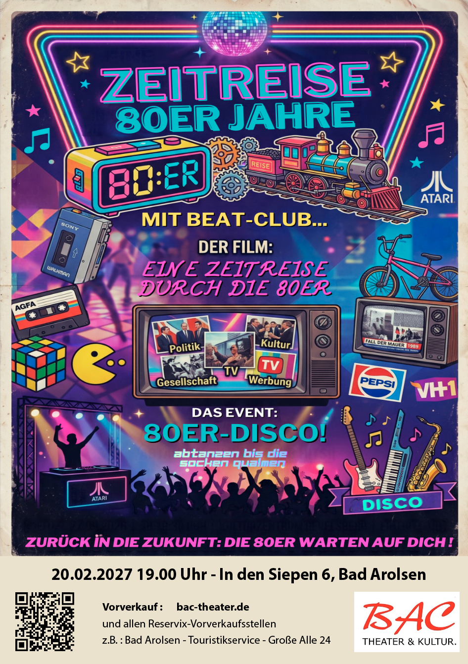 Plakat für Beat Club – Zeitreise in die 80er mit Film und 80er-Disco am 20. Februar 2027 um 19 Uhr im BAC-Theater Bad Arolsen.