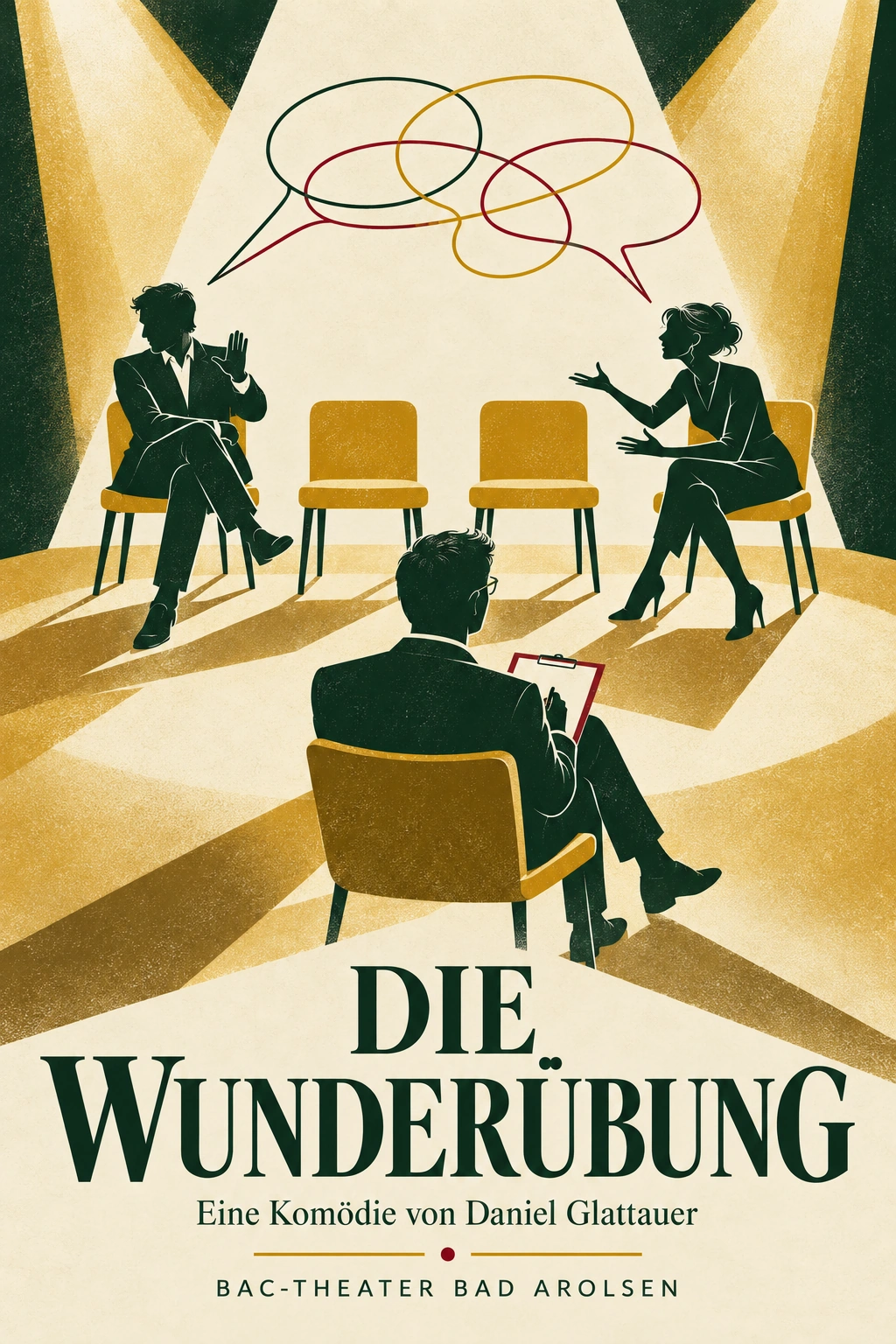 Plakat Die Wunderübung: Ein zerstrittenes Paar mit zwei leeren Stühlen zwischen sich sitzt einem männlichen Therapeuten gegenüber.